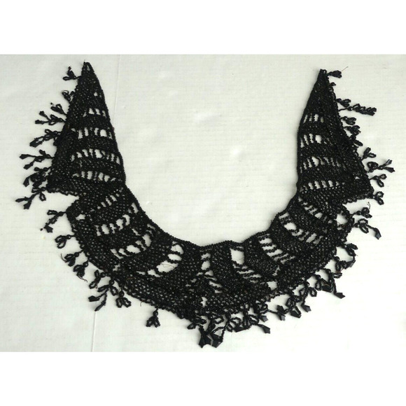 Large Antique Victorian Hand Beaded Collar Adornments Black Fringe Vtg Mourning - Picture 2 of 10
